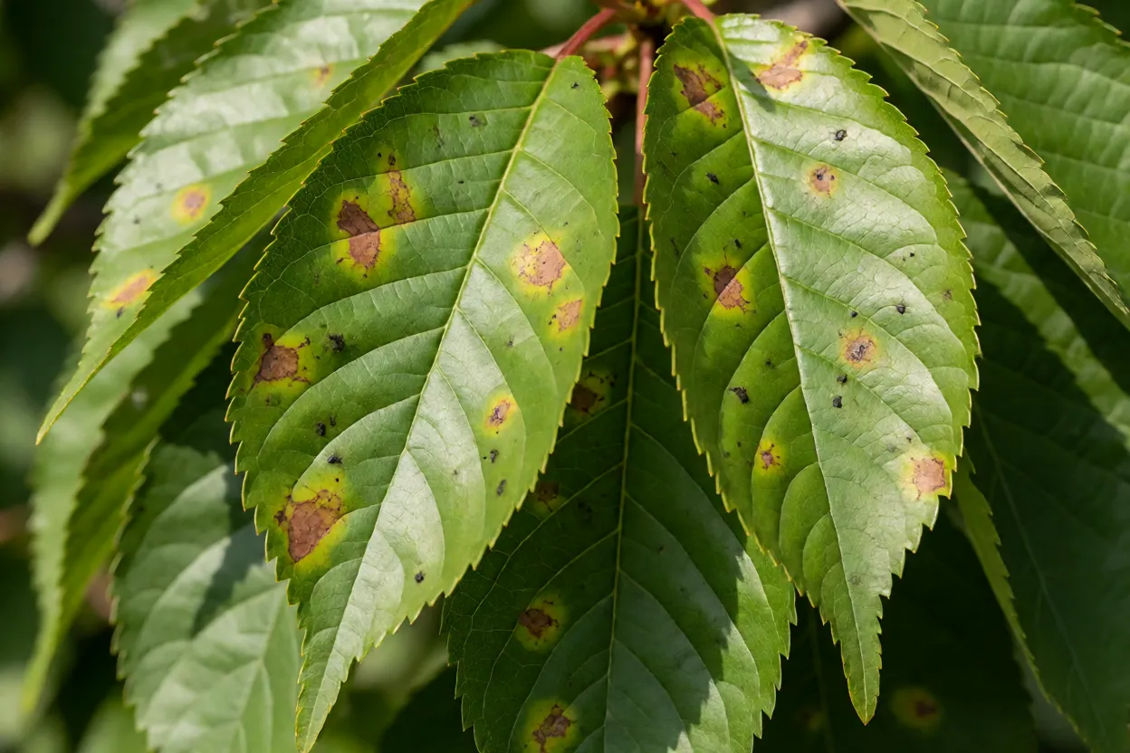 Folhas de cerejeira com sinais de pulg&otilde;es e manchas de fungo