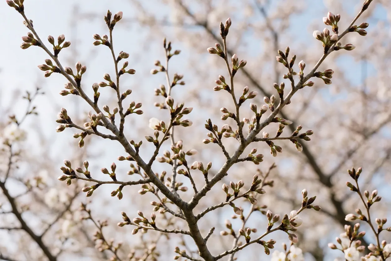 Cerejeira sem flores no fim do inverno com galhos nus e gemas fechadas