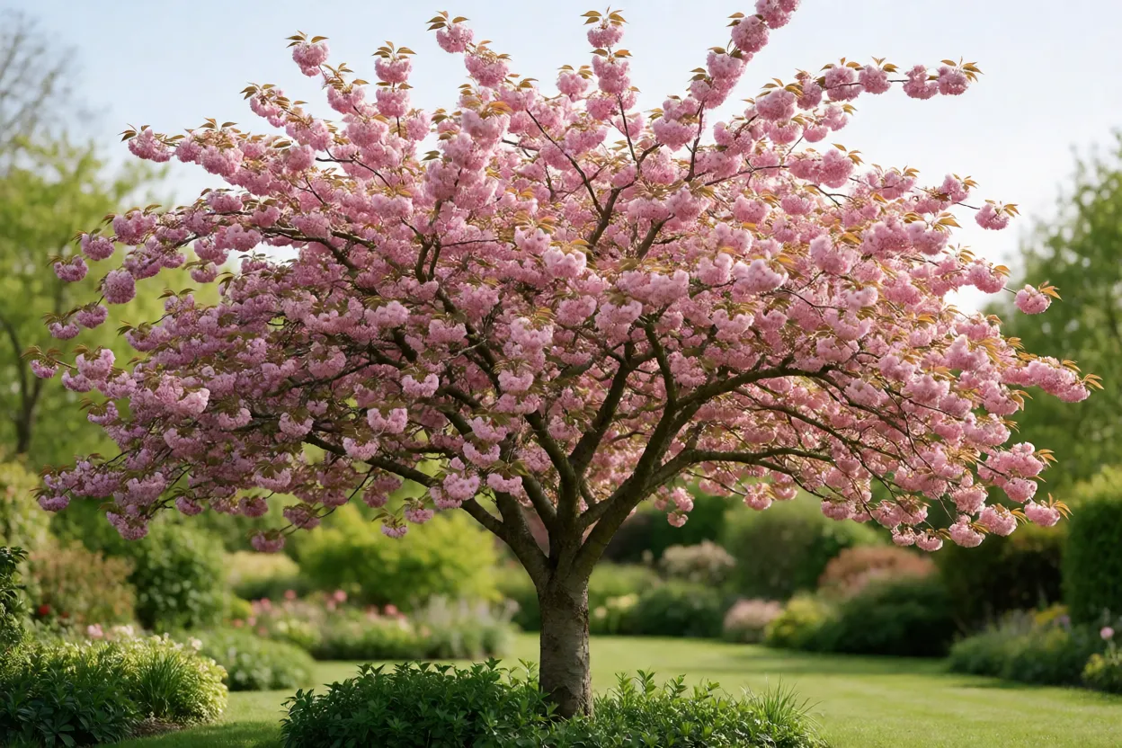 Cerejeira adulta com copa larga e aberta ocupando espa&ccedil;o amplo no jardim