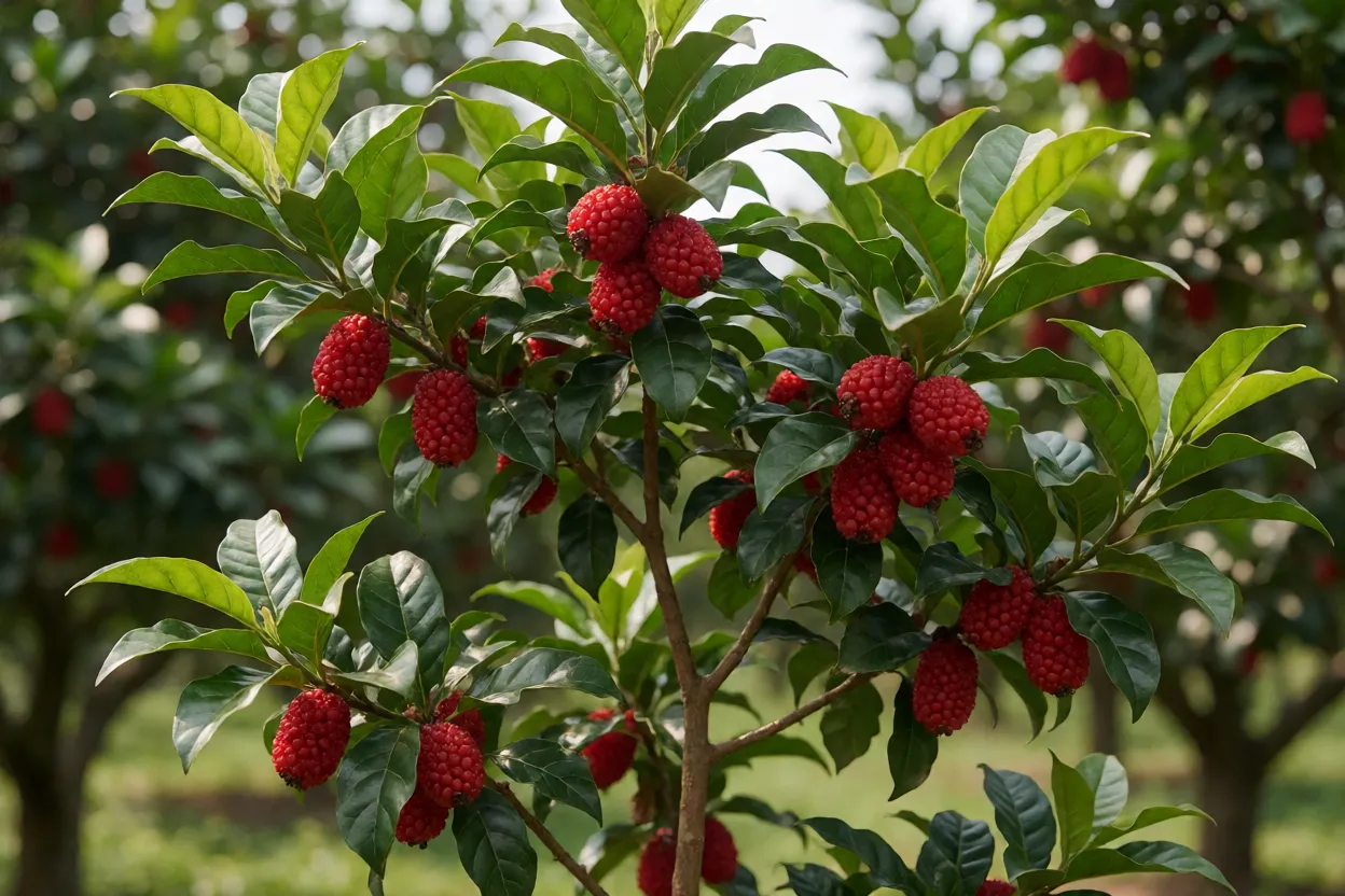 Árvore de cerejeira-do-rio-grande carregada de frutos vermelhos