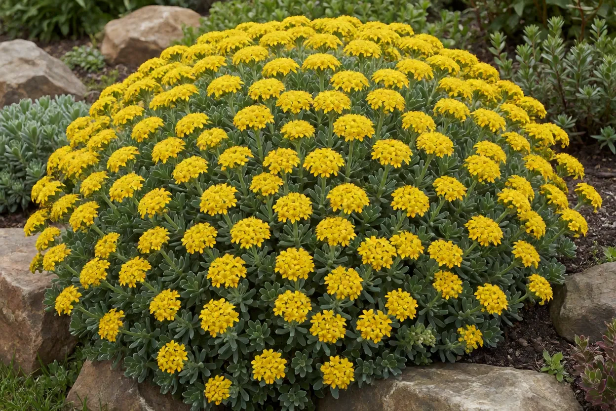 Cesto-de-ouro florido formando almofada densa de flores amarelo-ouro em jardim de pedras