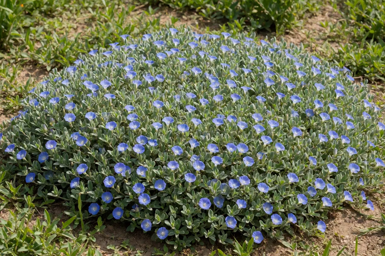 Céu-azul (Evolvulus glomeratus) formando tapete florido em canteiro sob sol pleno