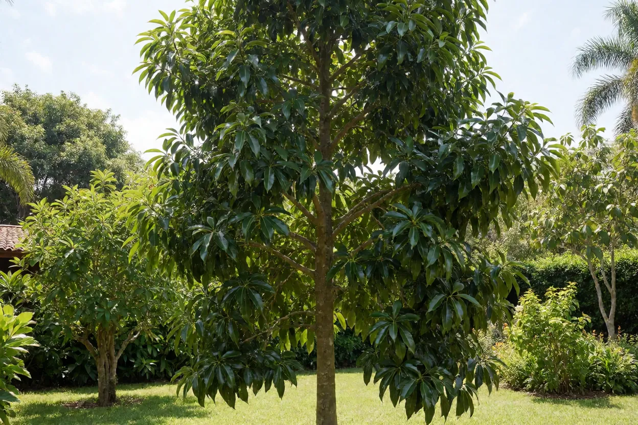 Chá-de-bugre adulto plantado em jardim com copa alongada e folhas brilhantes
