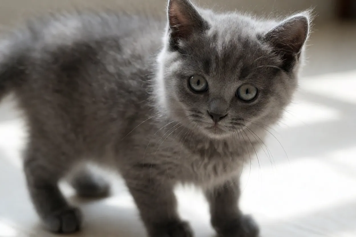 Filhote de Chartreux com pelagem azul acinzentada e olhos em transição de cor