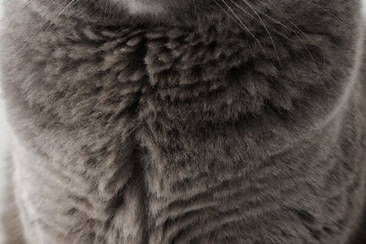 Detalhe da pelagem densa e lanosa azul do gato Chartreux