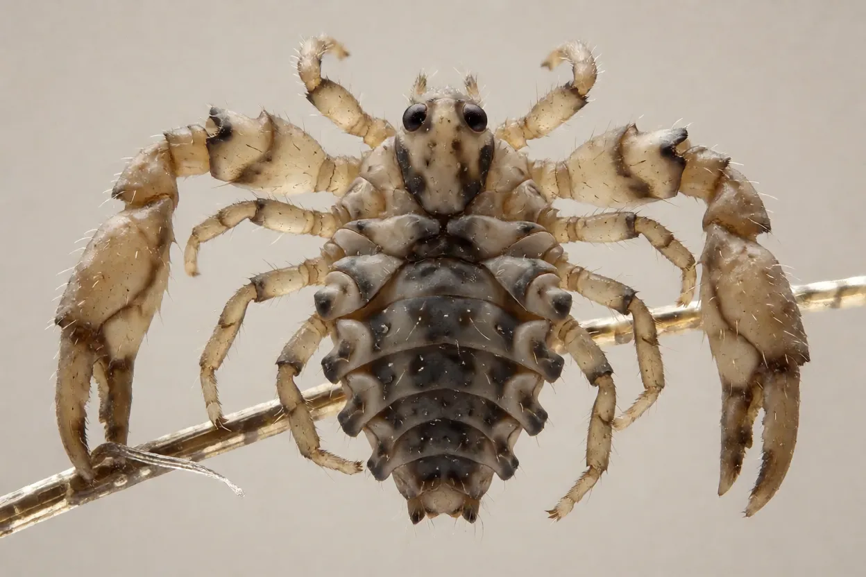 Chato (Pthirus pubis) em macro mostrando corpo largo em forma de caranguejo