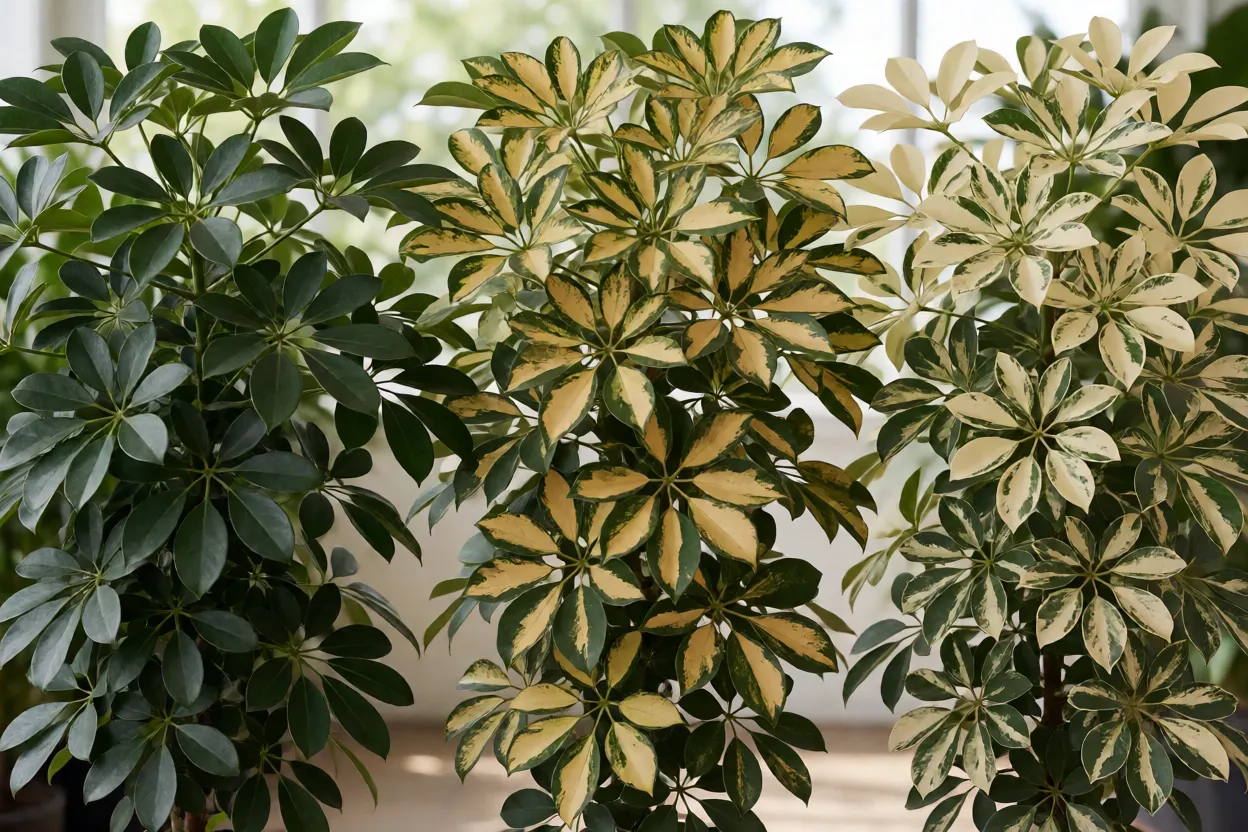 Tr&ecirc;s variedades de cheflera lado a lado: verde, amarela e creme