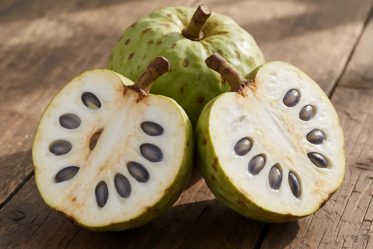 Cherimoia Fruto de cherimoia inteiro e cortado ao meio mostrando polpa branca cremosa e sementes pretas