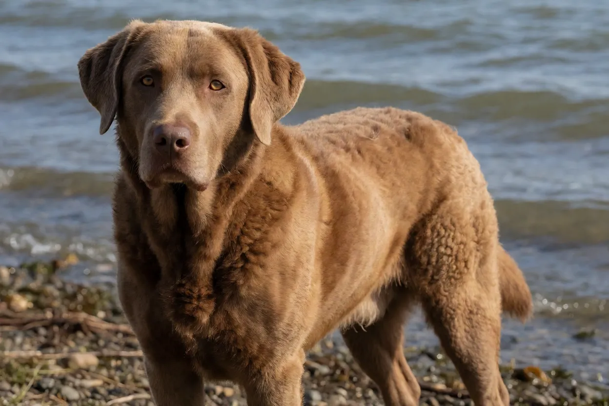Chesapeake Bay Retriever adulto em p&eacute; na margem de uma ba&iacute;a
