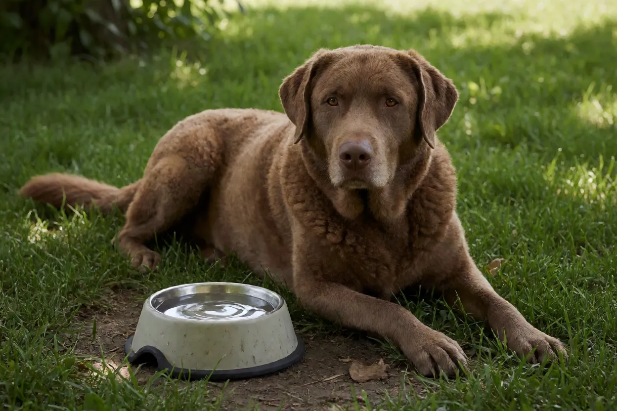 Chesapeake Bay Retriever descansando na sombra ap&oacute;s atividade