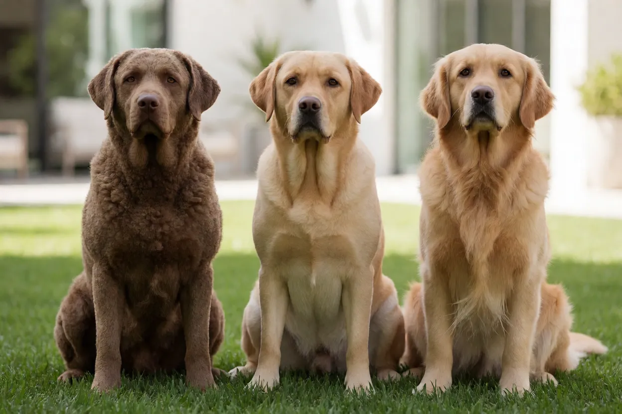 Chesapeake Bay Retriever ao lado de um Labrador e de um Golden Retriever