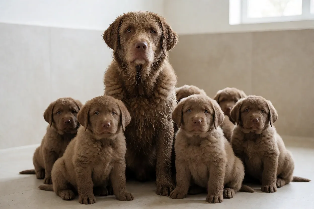 Filhotes de Chesapeake Bay Retriever com a m&atilde;e