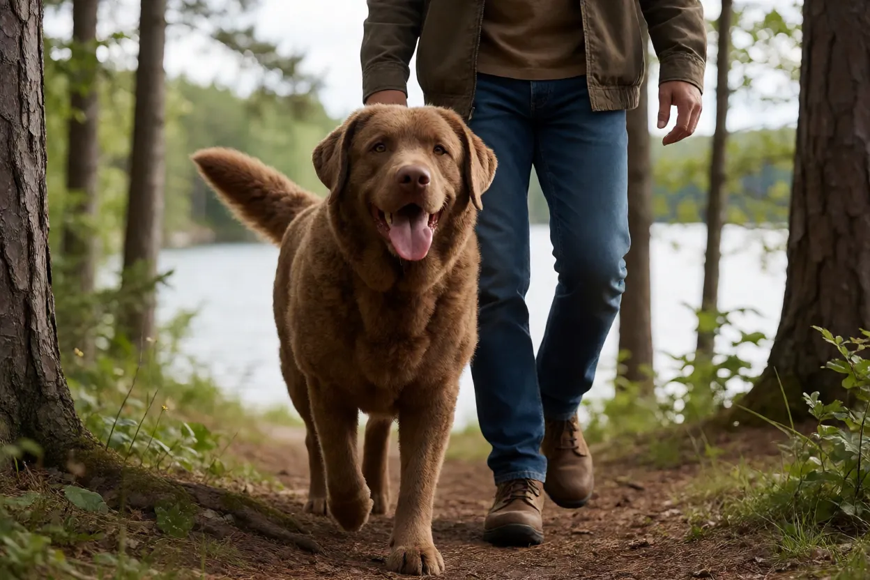 Chesapeake Bay Retriever feliz ao lado do tutor em trilha