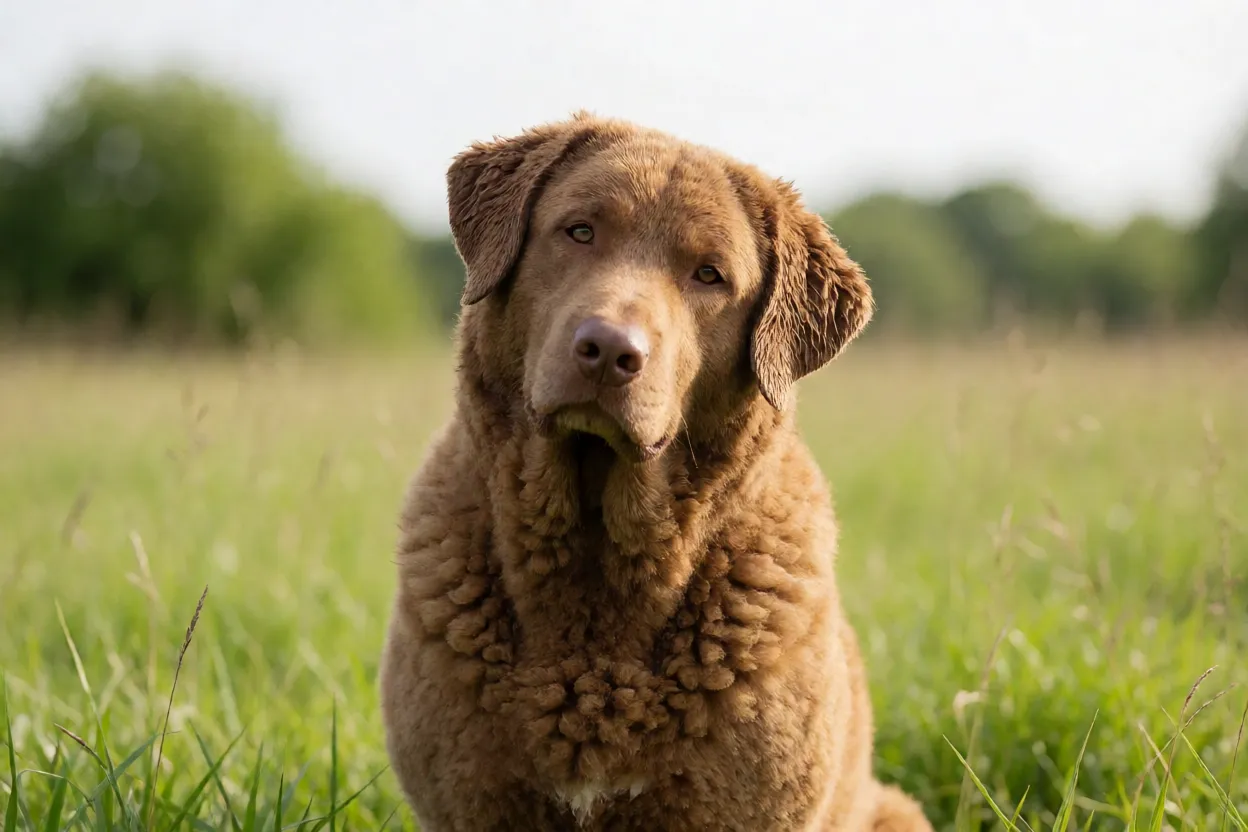 Chesapeake Bay Retriever olhando para a c&acirc;mera com a cabe&ccedil;a inclinada
