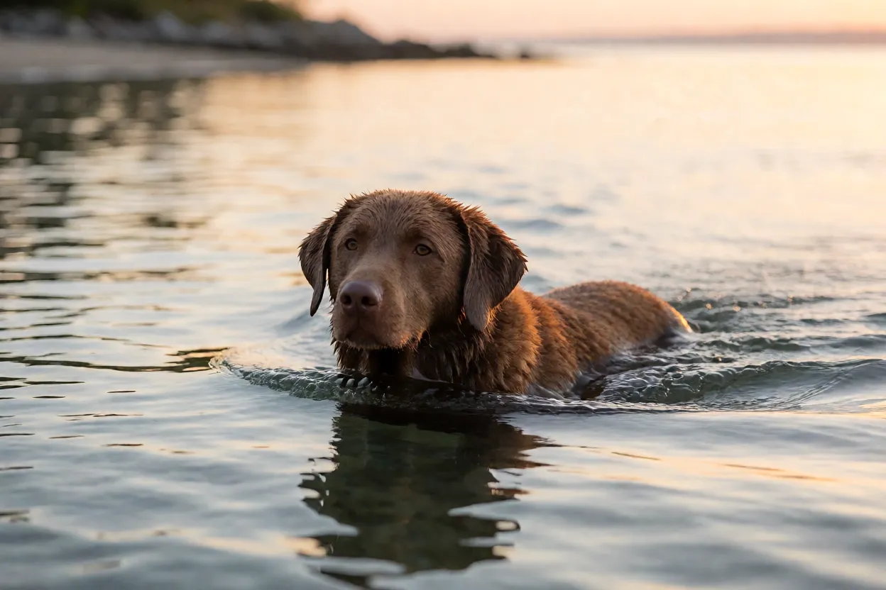 Chesapeake Bay Retriever ao amanhecer em &aacute;guas calmas da ba&iacute;a