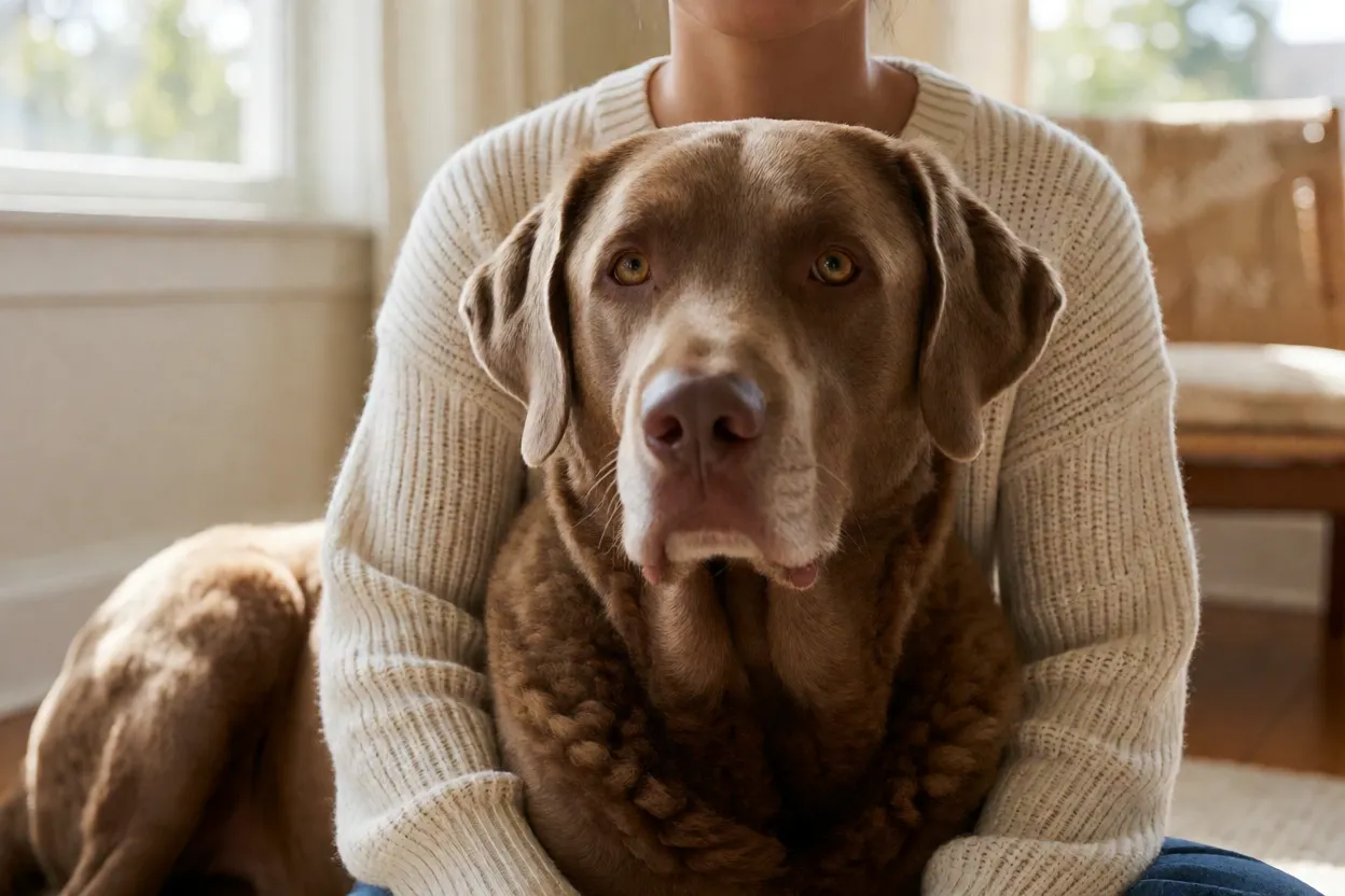 Detalhe da pelagem ondulada e dos olhos &acirc;mbar de um Chesapeake Bay Retriever