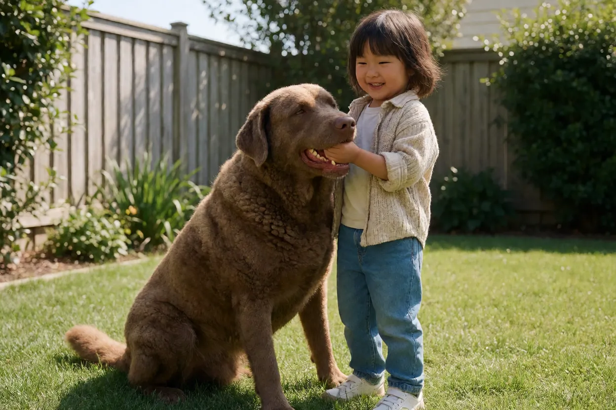 Chesapeake Bay Retriever brincando com uma crian&ccedil;a no quintal