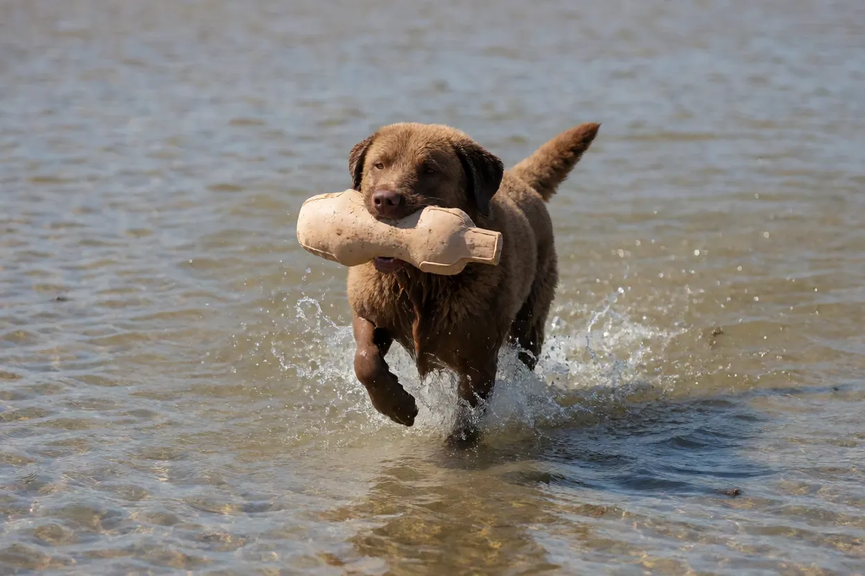Chesapeake Bay Retriever correndo atr&aacute;s de um brinquedo na &aacute;gua rasa