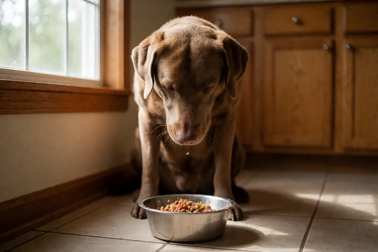 Chesapeake Bay Retriever comendo ra&ccedil;&atilde;o em um comedouro