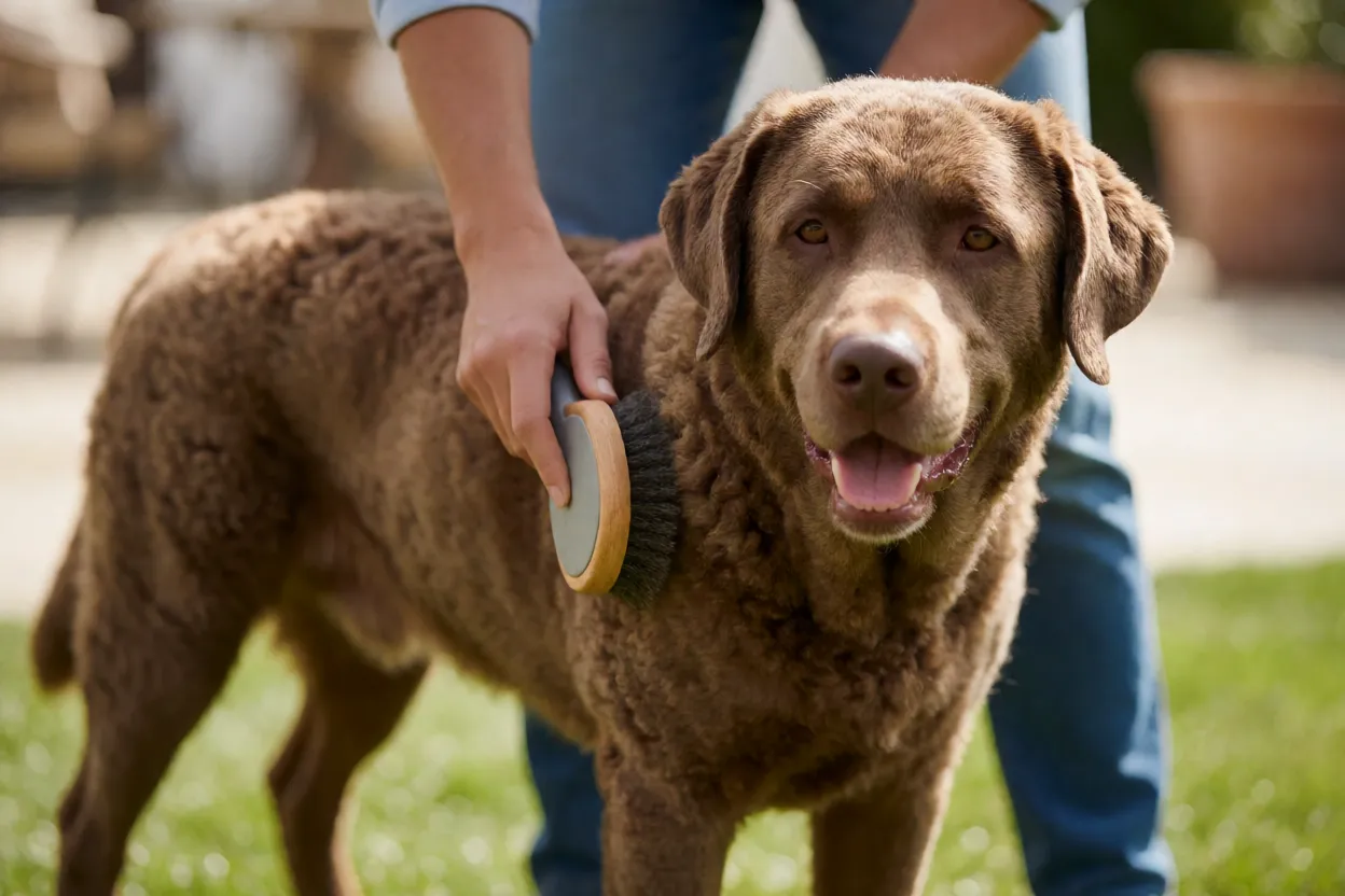 Escova&ccedil;&atilde;o da pelagem de um Chesapeake Bay Retriever com escova de borracha