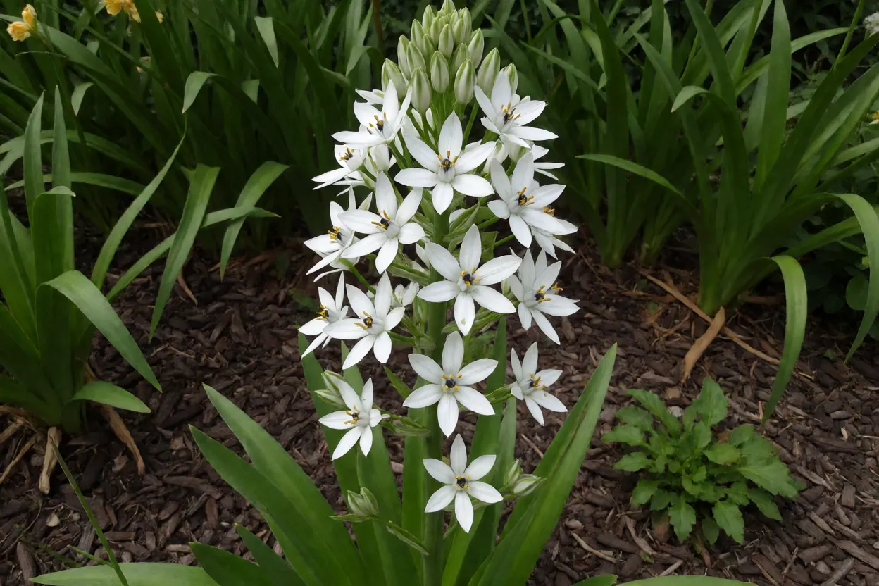 Chincherinchee-gigante florida no jardim com haste alta e flores brancas