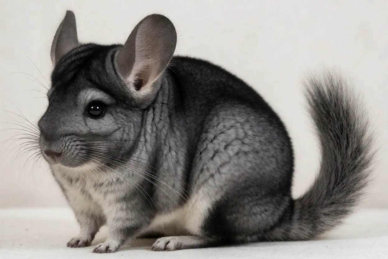 Chinchila Chinchila adulta de corpo inteiro com pelagem cinza-azulada densa
