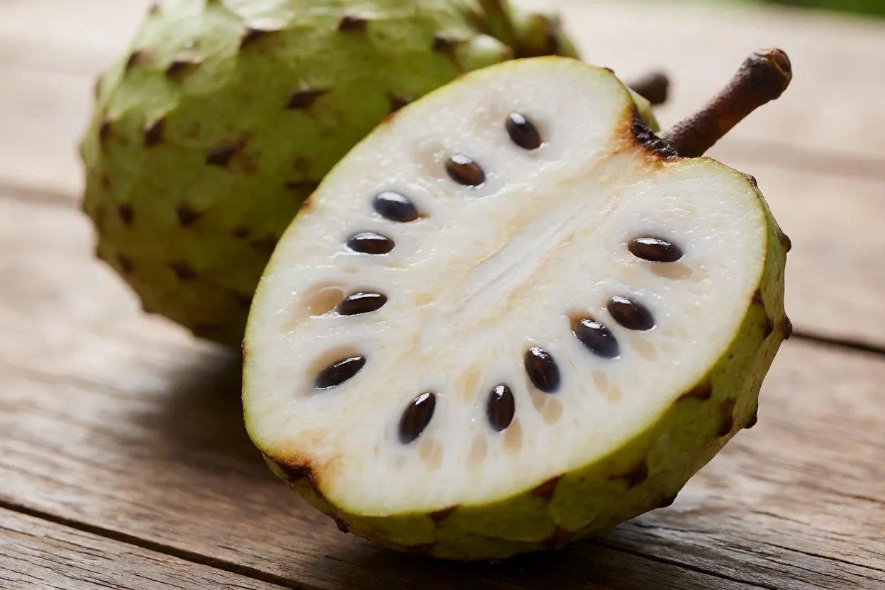 Chirimoia inteira e cortada ao meio mostrando polpa branca cremosa e sementes pretas