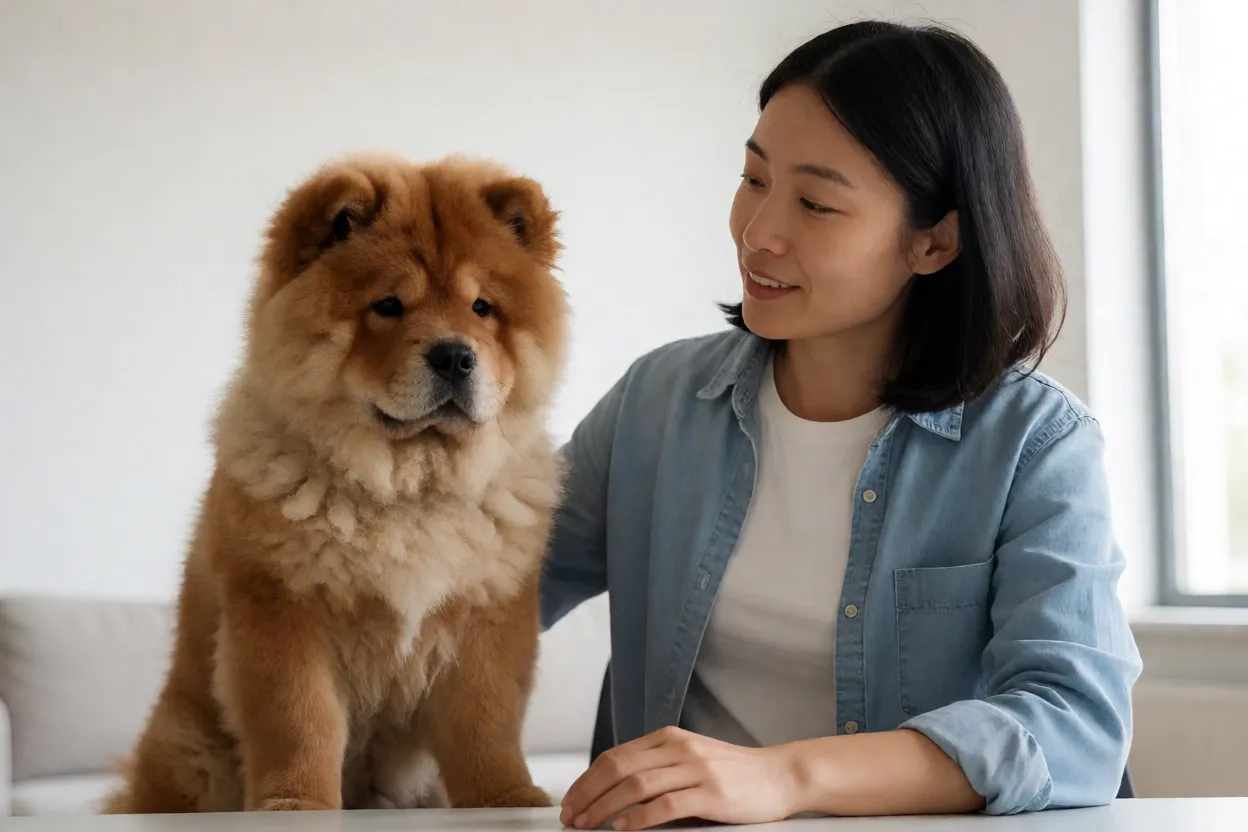 Filhote de Chow Chow em sess&atilde;o de socializa&ccedil;&atilde;o com pessoa