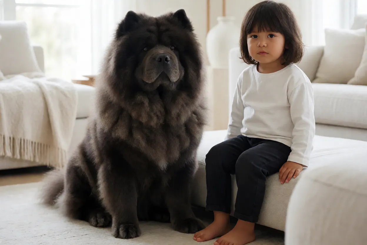 Chow Chow adulto ao lado de crian&ccedil;a em intera&ccedil;&atilde;o calma