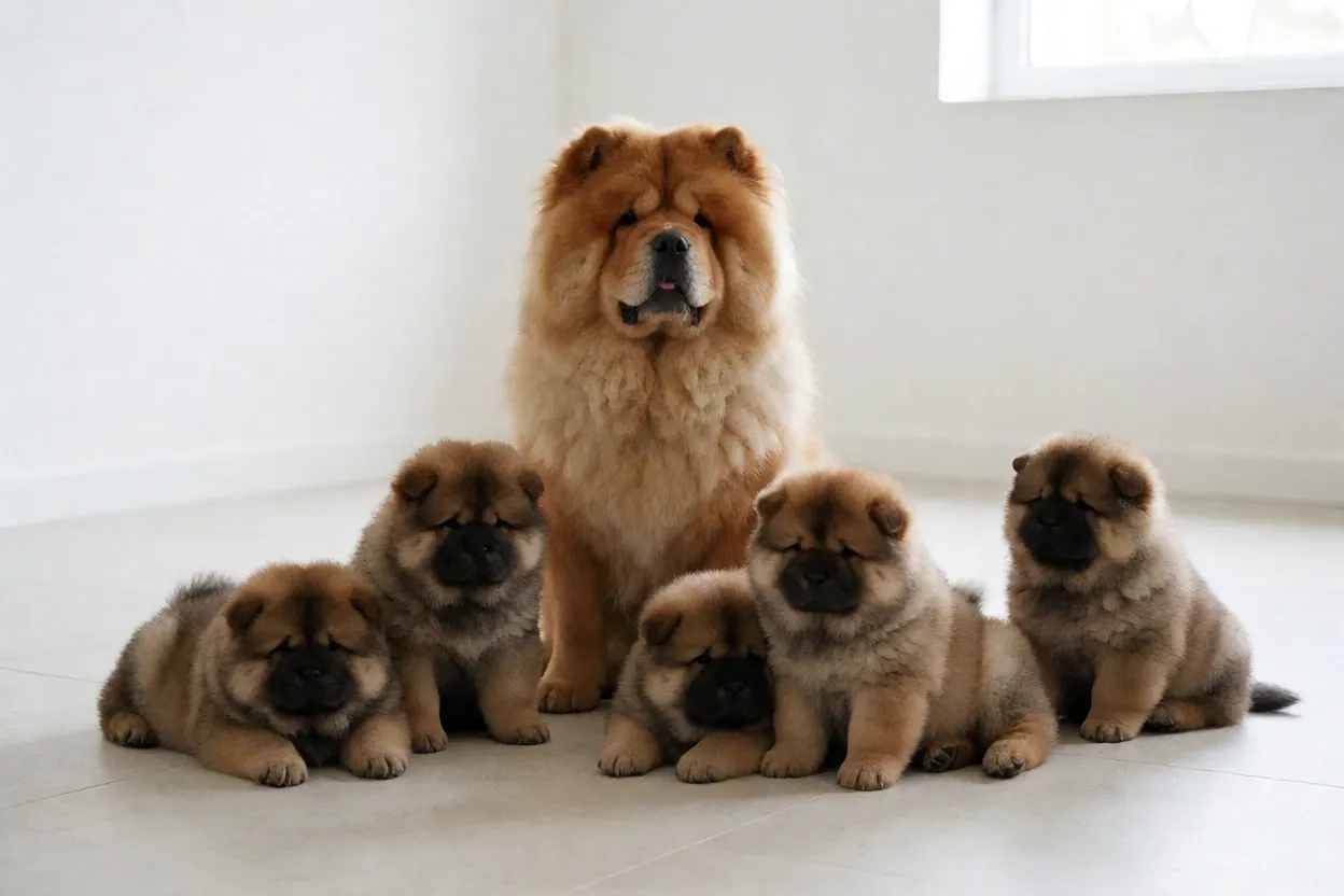 Ninhada de filhotes de Chow Chow com m&atilde;e em ambiente limpo