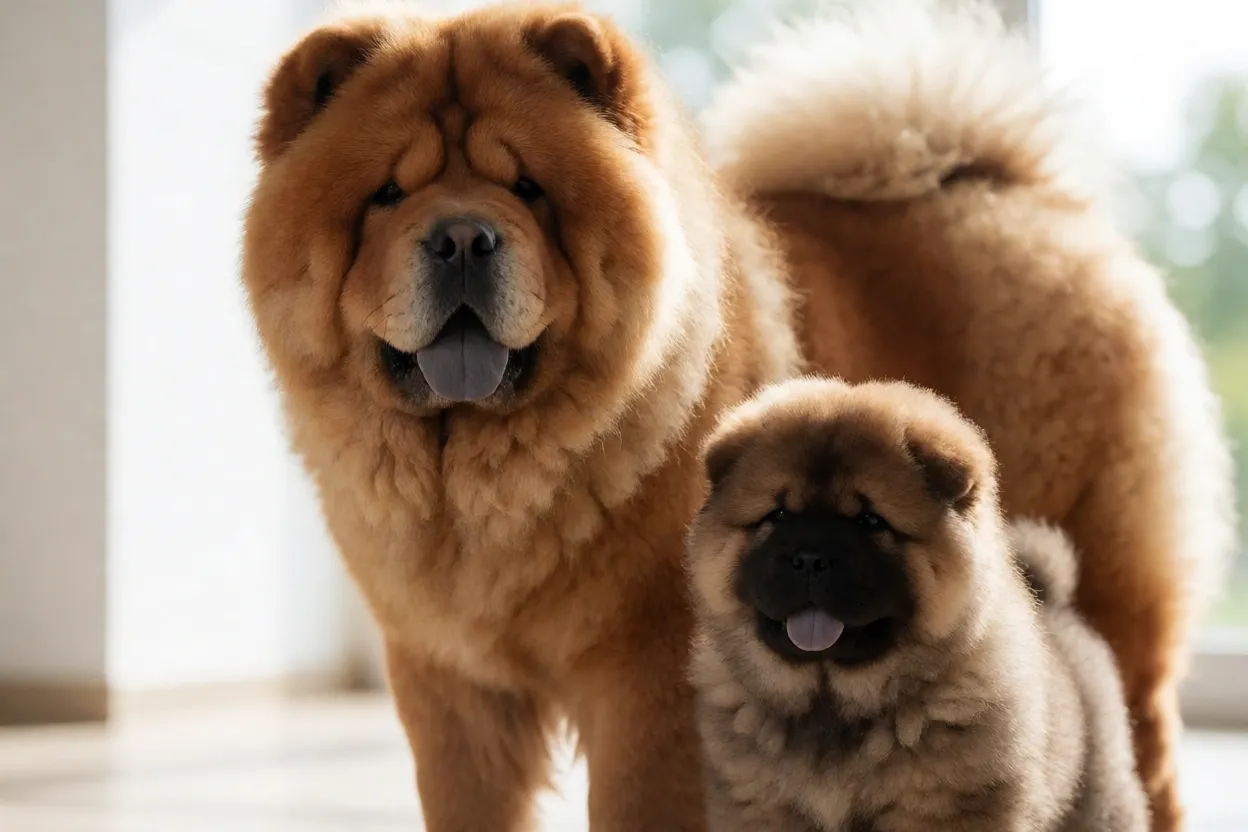 Filhote de Chow Chow com l&iacute;ngua ainda rosa ao lado de adulto com l&iacute;ngua azul