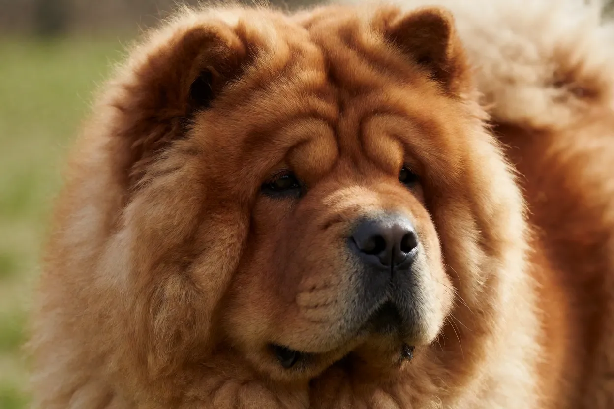 Detalhe da pelagem dupla de um Chow Chow vermelho em close