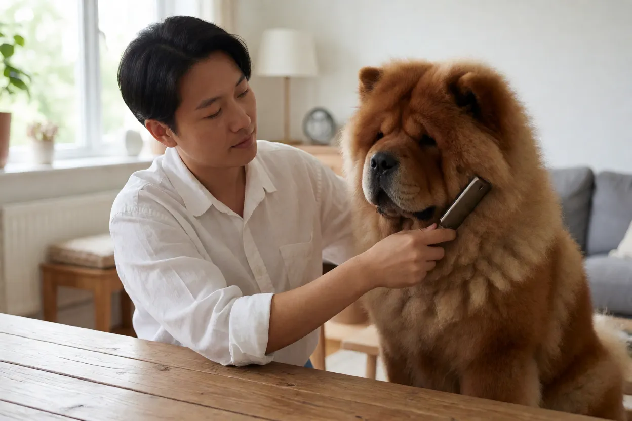 Pessoa escovando a pelagem de um Chow Chow com rake de subpelo