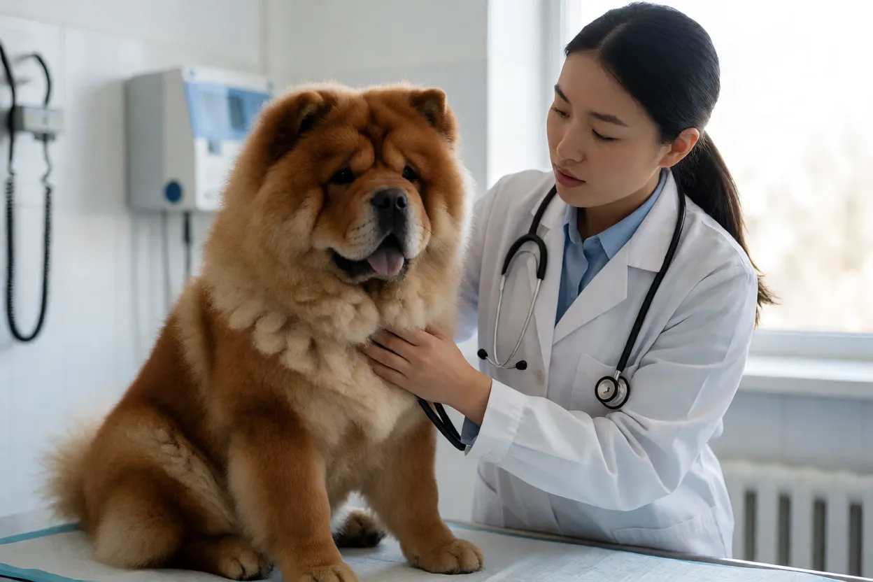 Veterin&aacute;rio examinando as articula&ccedil;&otilde;es de um Chow Chow