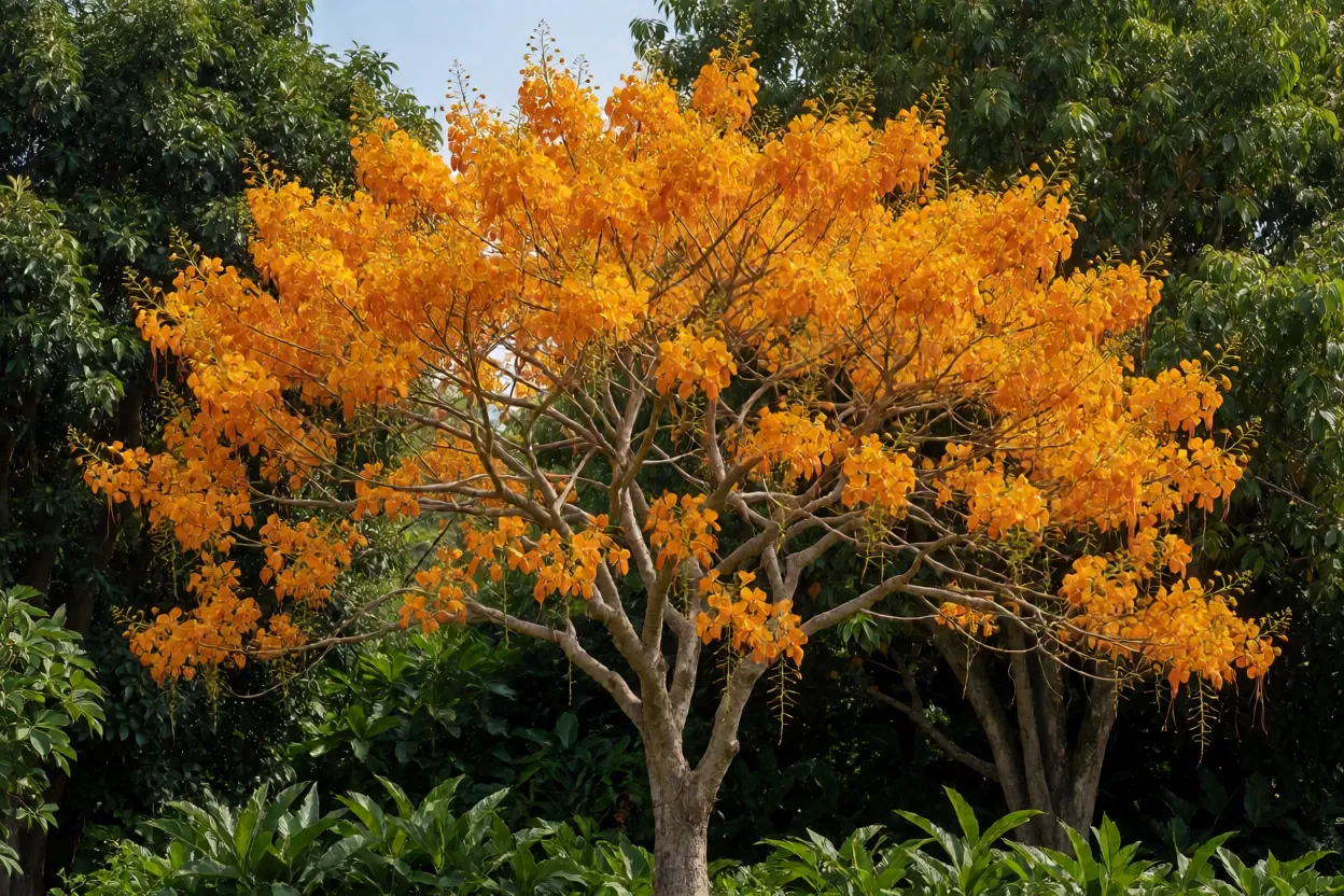 Chuva-de-ouro florida em jardim brasileiro no ver&atilde;o