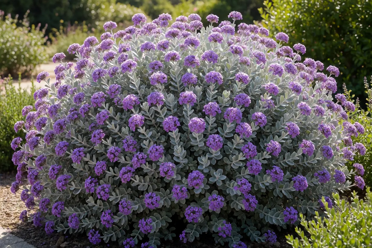 Chuva-de-prata arbusto florido com flores roxas e folhas prateadas no jardim