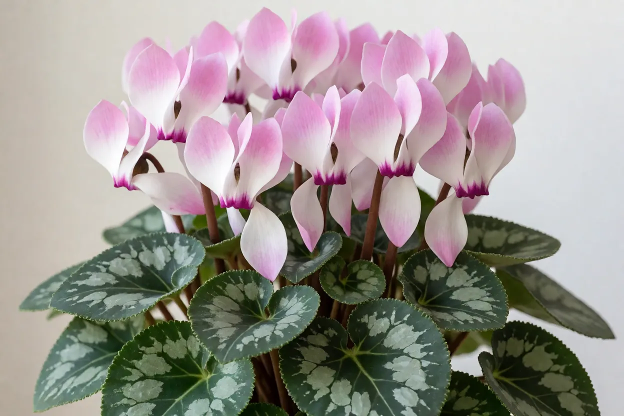 Ciclame em vaso florido com folhas marmorizadas e flores rosas