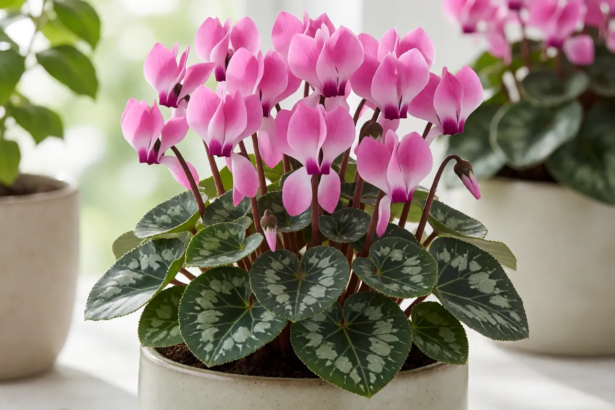 Ciclame com flores rosa e folhas prateadas em vaso
