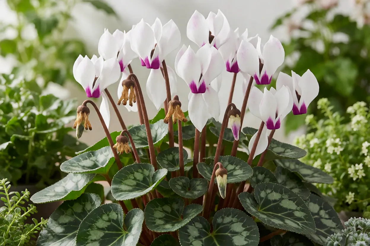 Ciclame sendo adubado e limpo de flores murchas