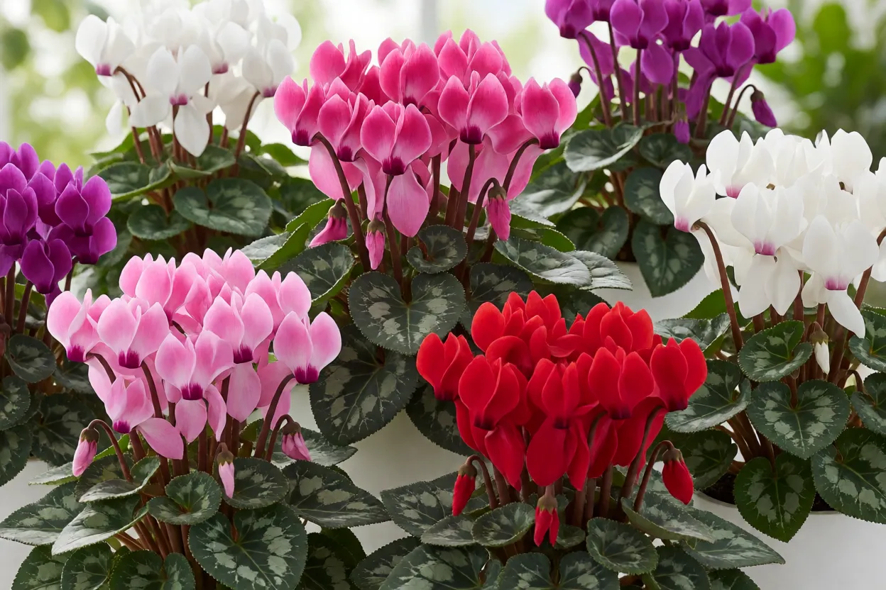 Ciclames em diferentes cores rosa vermelho branco e lil&aacute;s