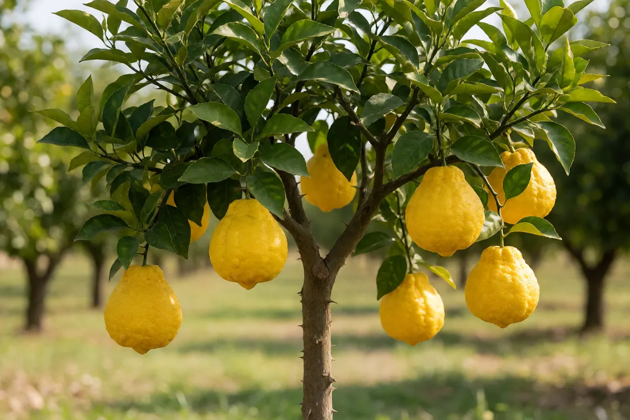 Árvore de cidreira carregada de frutos amarelos e rugosos