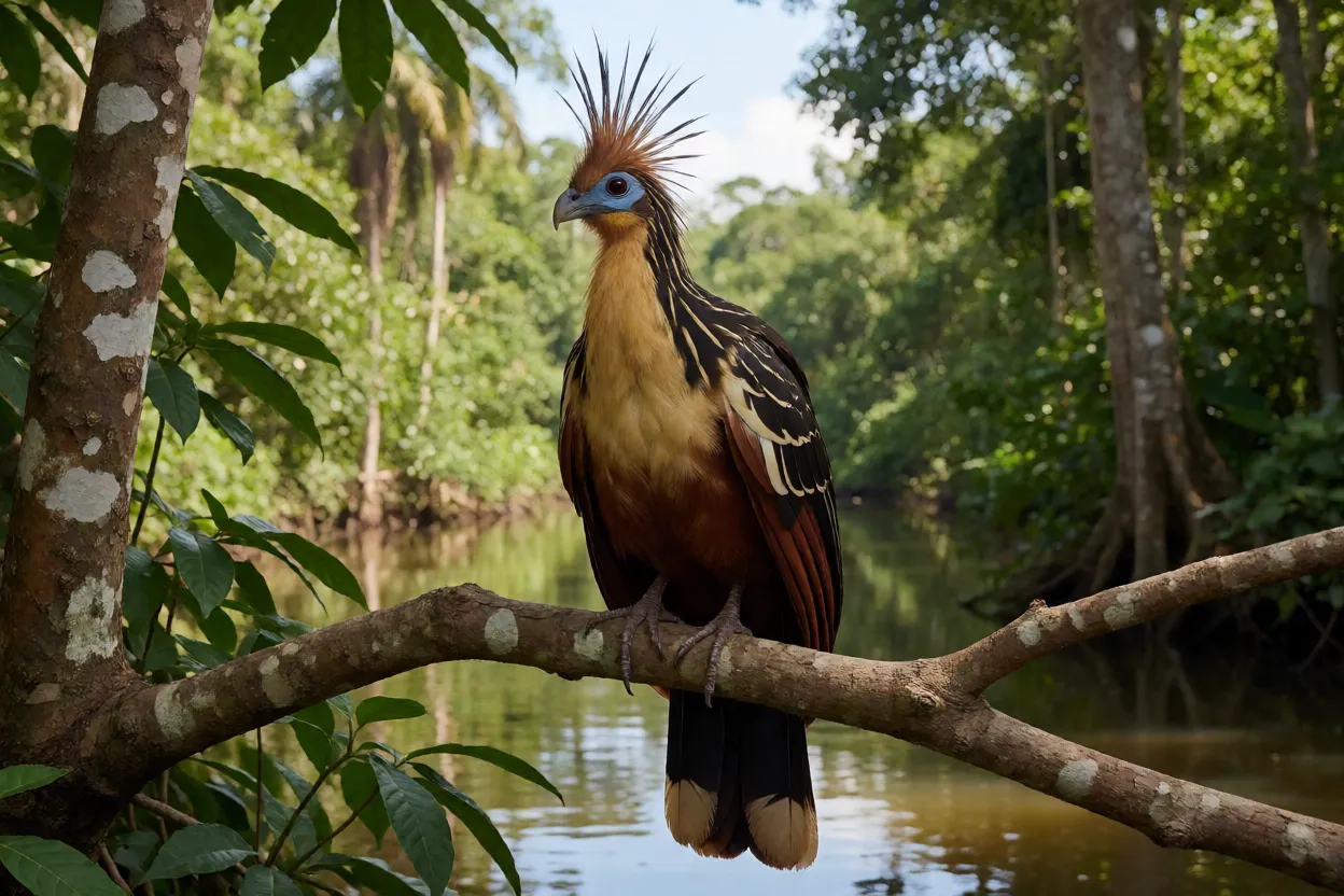 Cigana de corpo inteiro pousada em galho sobre a água na Amazônia