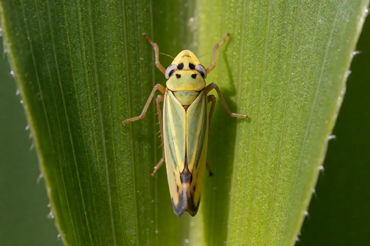 Cigarrinha-do-milho Dalbulus maidis de corpo amarelo-palha com duas manchas pretas na cabeça sobre folha de milho