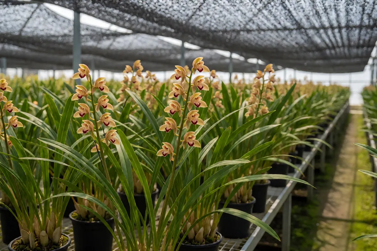 Cultivo de Cimbídio em orquidário com sombrite