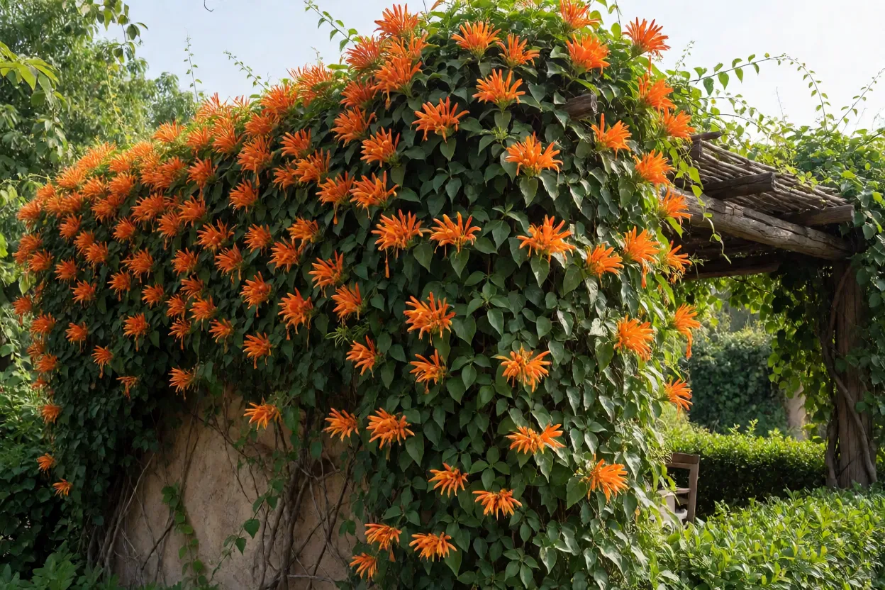 Cipó-de-são-joão adulto cobrindo muro e pérgola com flores laranja