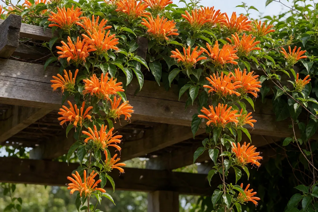 Cip&oacute;-de-s&atilde;o-jo&atilde;o com flores alaranjadas cobrindo estrutura