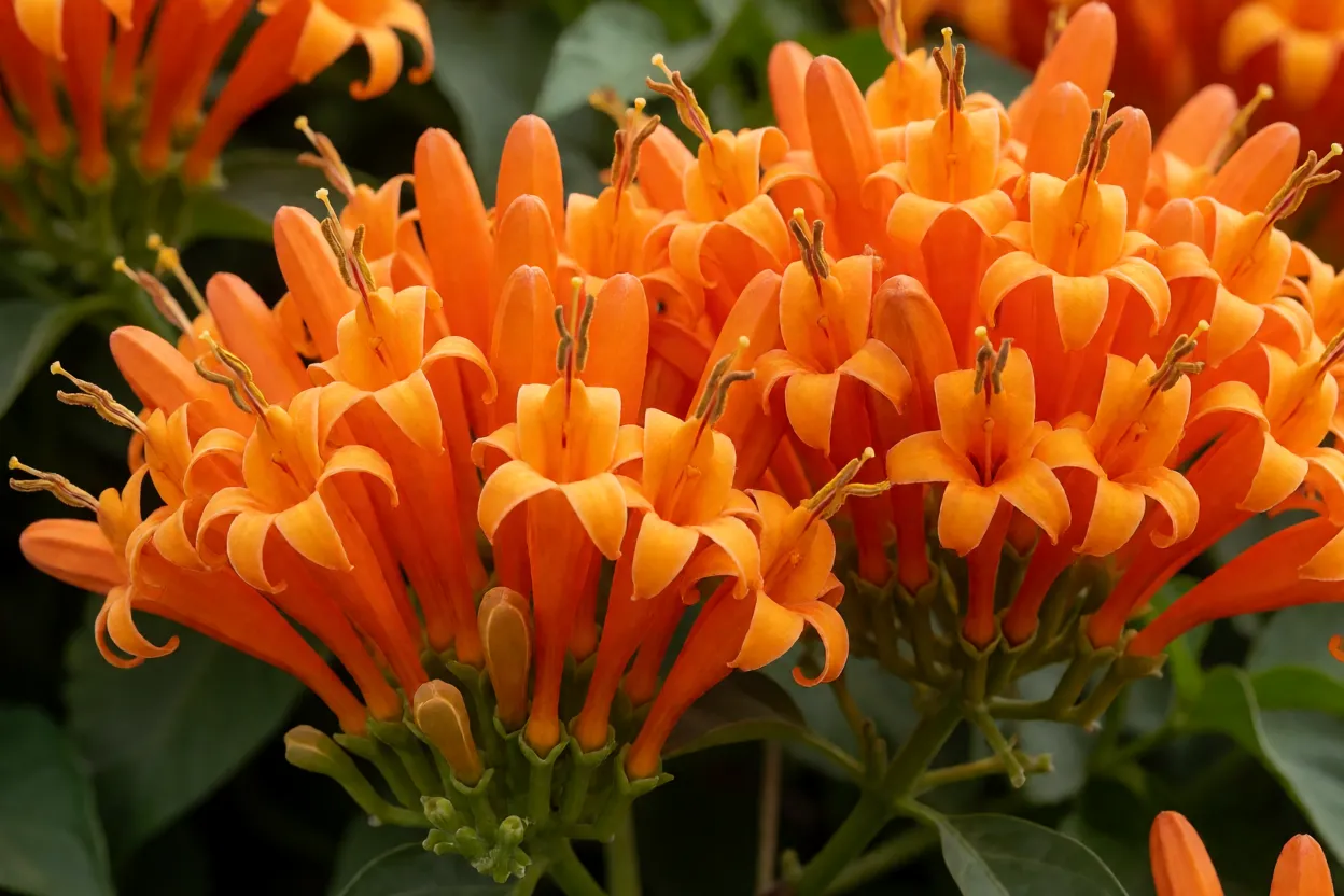 Detalhe das flores tubulares alaranjadas do cip&oacute;-de-s&atilde;o-jo&atilde;o