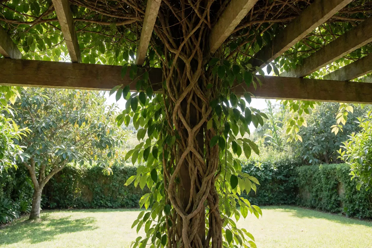 Cipó-uva adulto com caule trialado cobrindo pérgola no jardim