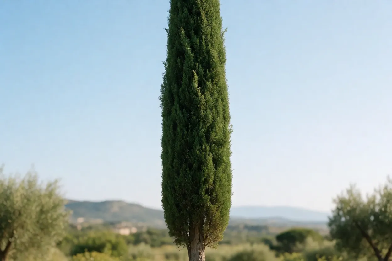 Cipreste-italiano adulto de copa colunar estreita visto por inteiro