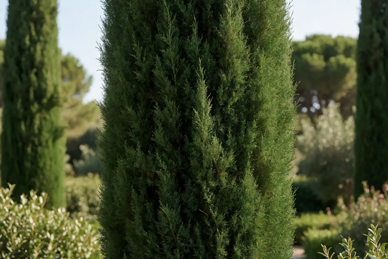 Cipreste italiano em formato colunar estreito com folhagem verde-escura densa